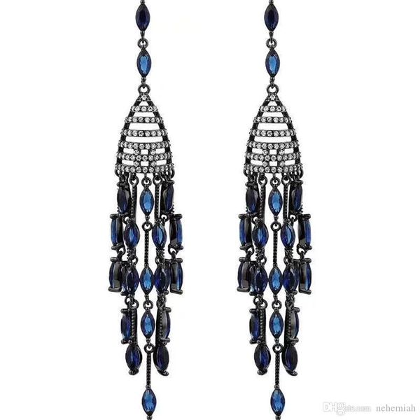 

s925 silver needle dark blue tassel earrings black electroplating luxury high-end temperament lady earrings ing