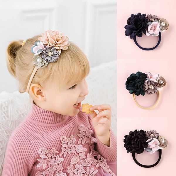 

1pc crystal baby headband 13 colors flower pearl big fake flower nylon hair bands for kids adjustable elastic lovely, Slivery;white