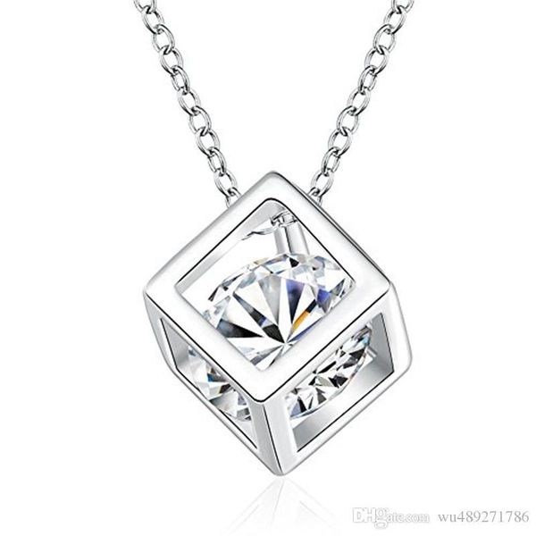 

silver color cube square cubic zirconia diamond pendant necklace swarovski elements jewelry for women wedding jewelry