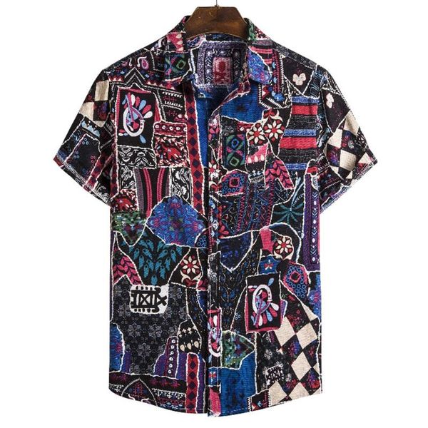 

mens vintage ethnic style printing loose short sleeve stand collar casual plus size shirt ethnic beach shirts men dress clothes, White;black