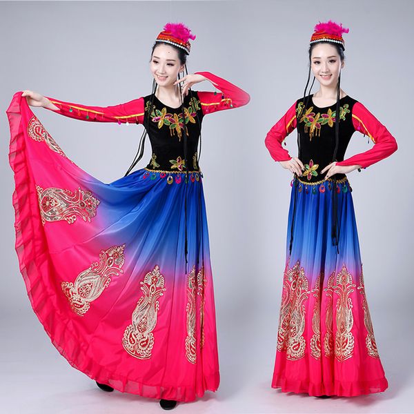 

xinjiang dance clothing woman show clothing start dance will skirt pendulum uygur ethnic group dress practice skirt nation, Black;red