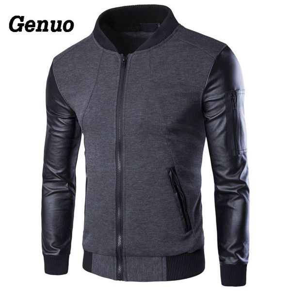 

genuo jacket men slim fit zipper patchwork coat jackets autumn winter outwear faux leather casual overcoat parka men jacket, Black;brown