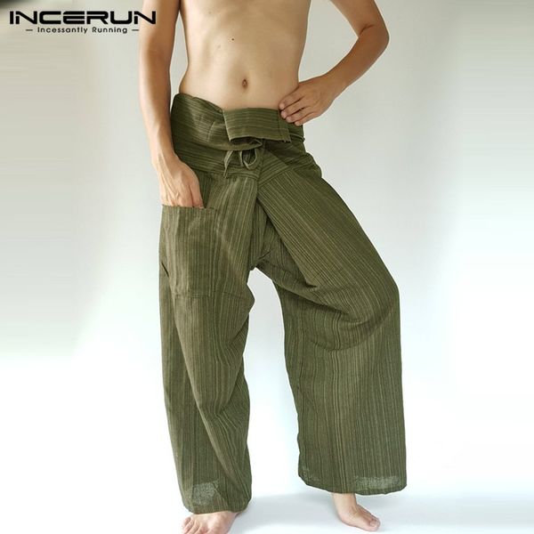 

2019 striped thai fisherman pants men loose pockets joggers cotton casual yoga-pants workout wide leg trousers men s-5xl incerun, Black