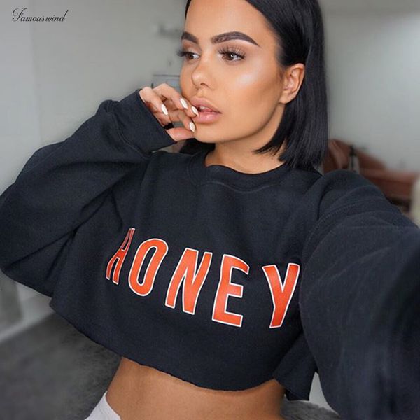 

мода черных рубашки с длинным рукавом crop top женщин honey печать сексуальной осенью дама коротких tee пуловеры t сыпучего hoodie dropshipp, White