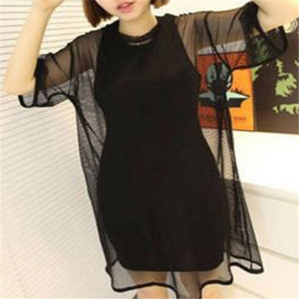 

summer women lace mesh solid blouses shirt ladies o neck transparent elegant see-through black long shirt, White