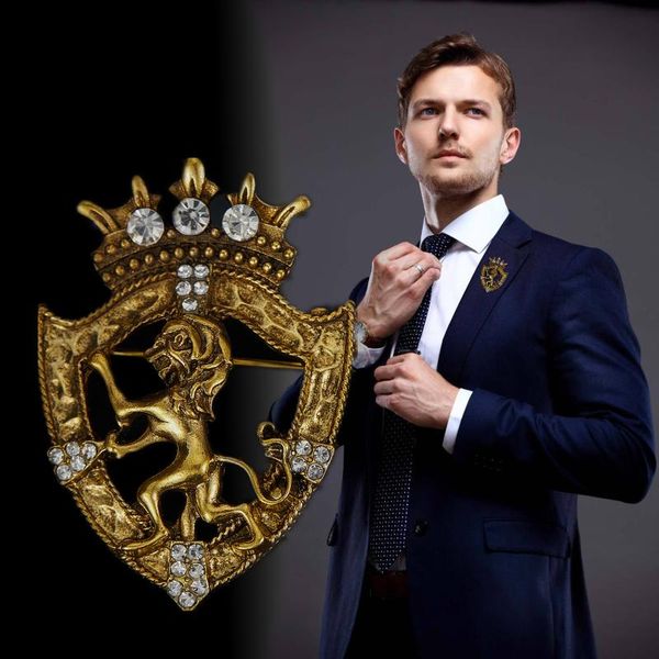 

retro lion shield crown animal brooches fashion men's suit shirt collar needle badge lapel pins jewelry men clothing accessories, Gray