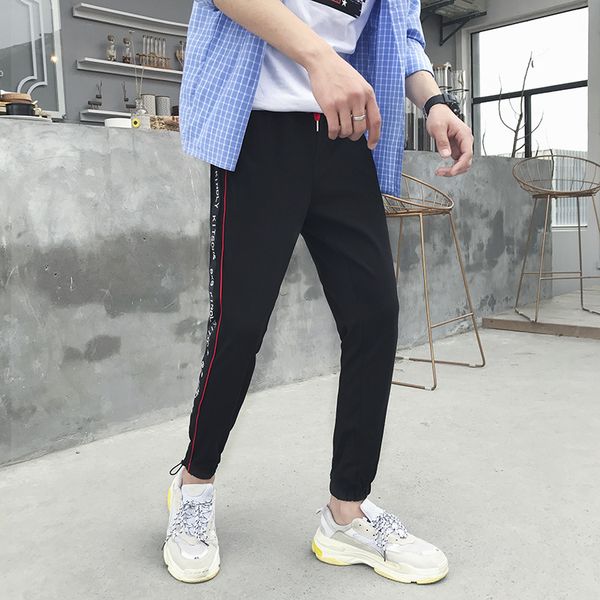 

outdoor 2019 spring summer elastic waist striped slim hip hop letter printed joker teenagers sweat pants men students trousers, Black;green