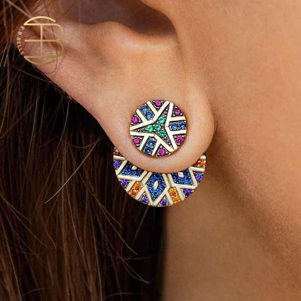 

2020 new fashion asymmetric colorful crystal gold circle oval stud earrings for women bohemian rainbow rhinestone earring, Golden;silver