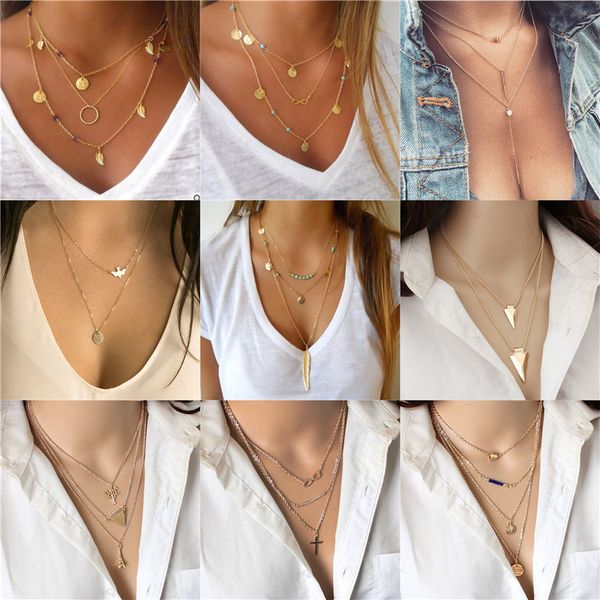 

new chain leaves jewelry multi layer choker necklaces for women fashion pendant beautiful collier tassels necklace bijoux, Silver