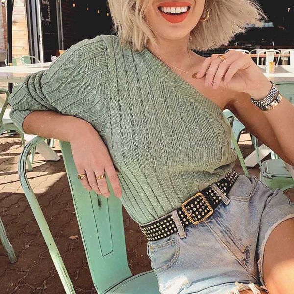

misswim one shoulder knitted sweater female autumn winter jumpers ladies pullover ribbed green sweater women 2020 knitwear, White;black