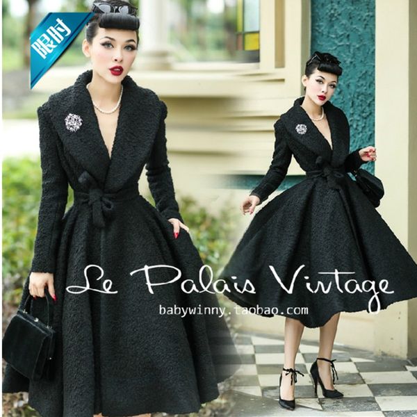 

women's wool & blends 40- le palais vintage women 50s pinup long swing coat in black plus size manteau d'hiver rockabilly femme ab