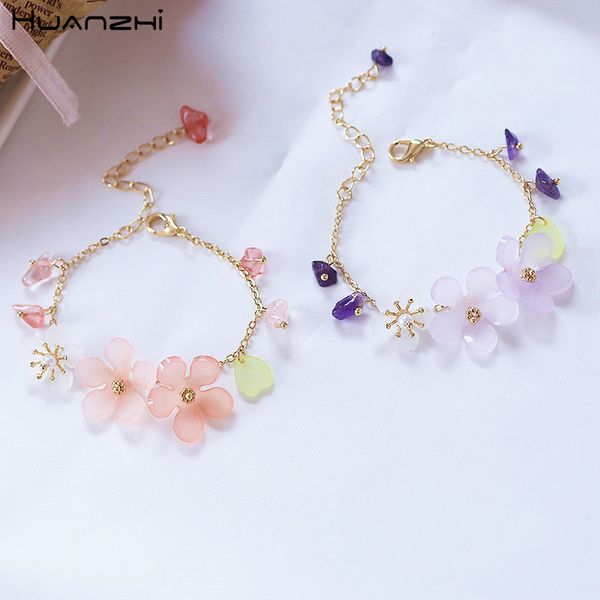 

huanzhi 2020 japan new sweet cherry blossoms flower pink transparent stone acrylic metal chain bracelet for girls jewelry, Black