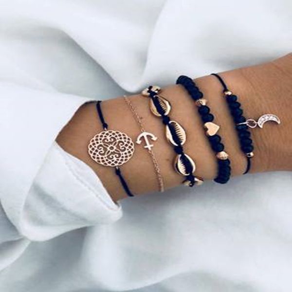 

retro bohemian black anchor heart bracelet set 2019 trend female bracelet geometric beads shell pendant jewelry, Golden;silver