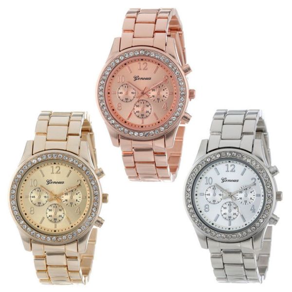 

watches women faux chronograph geneva quartz watch plated classic round ladies women crystals wristwatch montres, Slivery;brown