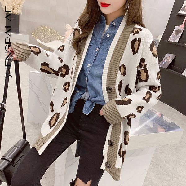 

shengpalae 2019 new fashion autumn v-neck single breasted leopard print cardigans women loose casual korean tide sweater fv110