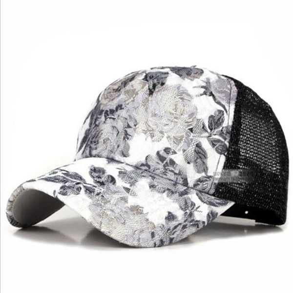 

summer women mesh sanpback lace flower print sun hat floral trucker fitted baseball cap outdoor sports hat gift, Blue;gray