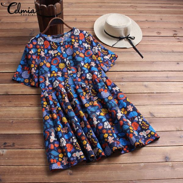 

celmia plus size retro women mini dress 2019 summer short sleeve floral printed dress casual loose shirt vestidos boho tunic top, Black;gray