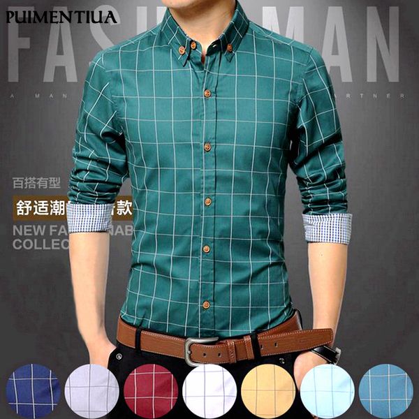 

puimentiua 5xl plaid printed long sleeve formal men shirt turn-down collar male business dress fashion patchwork shirts, White;black
