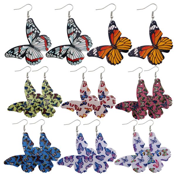 

1pair boho style pu leather dangle earrings butterfly shape insect printing pendientes earrings for women jewelry gift, Silver