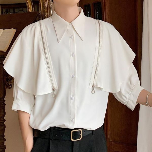 

casual loose black white shirt male streetwear hip hop party dress shirts stage show costumes men detachable shawl short sleeve, White;black