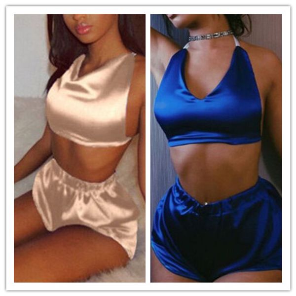 

women v neck pajama set blue champagne sleeveless satin halter cami and shorts set sleepwear summer pajamas, Blue;gray