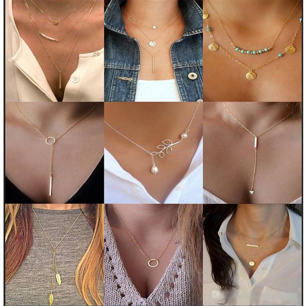 Gargantilha Colar colares Summer Fashion Estilo Pearl Pendant multi Declaração Camada Colar Prata Chunky cadeia colar 9 Designs