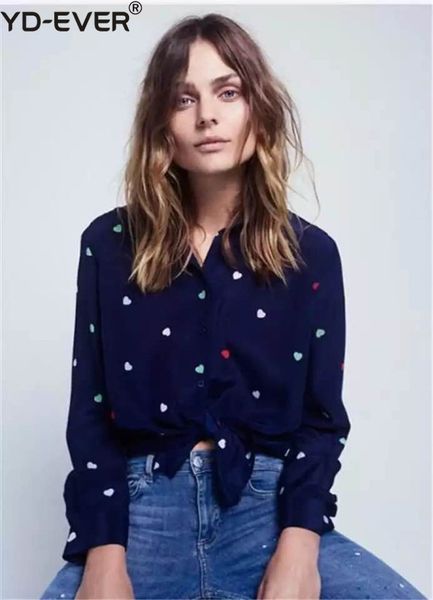 

100% silk women navy blue colorful love heart print long sleeve shirt, White