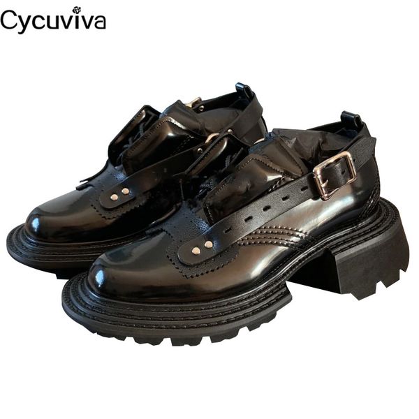 

british style thick bottom casual flat shoes women black leather belt buckle ladies shoes 2020 runway platform flat woman