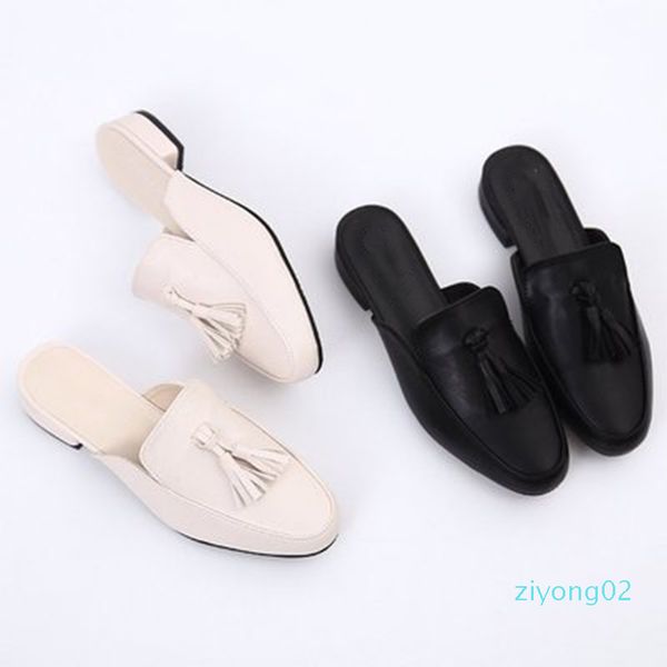 

women slippers ladies tassel mules female suqare heels women's solid comfortable shoes woman casual round toe footwear 2020 new z02, Black