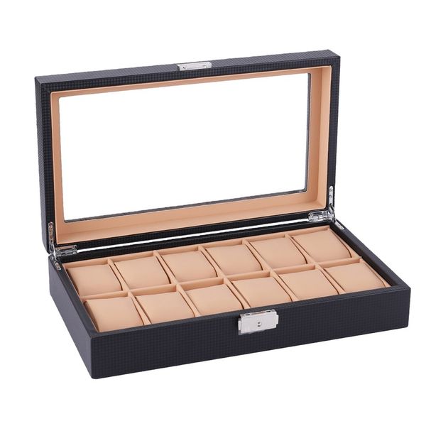 

12 slots grid pu leather watch display box jewelry storage organizer case locked watch display box holder packaging, Black;blue