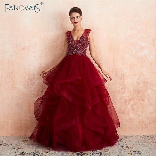 

party dresses burgundy evening dress long v neck puffy ball gown prom 2021 handmade beaded wear tulle vestido de festa, White;black