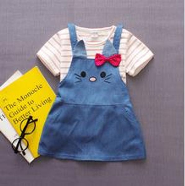 

2шт летние дети девочка хлопка в полоску футболка топы + платье наряд одежда для малышей повседневная одежда с коротким рукавом, White