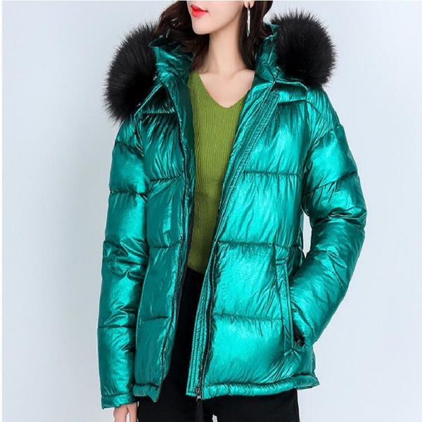 

glossy down cotton coat parka winter women jacket fur hooded winter warm thick short parka coat jacket women, Black