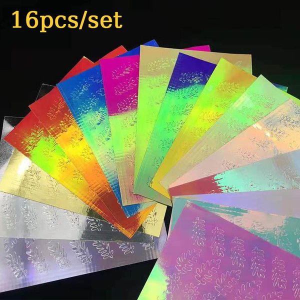 

16 sheets leaves nail decals holographic leaf nail art stickers 3d diy decal sticker thin laser silver stripe sticker, Black