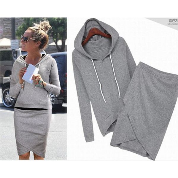 

autumn spring solid long sleeve hooded women two sets elegant causal elastic waist irregular simple femme suit, White