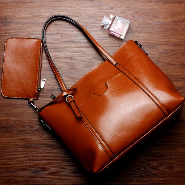 

genuine leather own brand totes with shoulder belts women casual handbags large volume middle totes 3 layers inside single shoulder bag