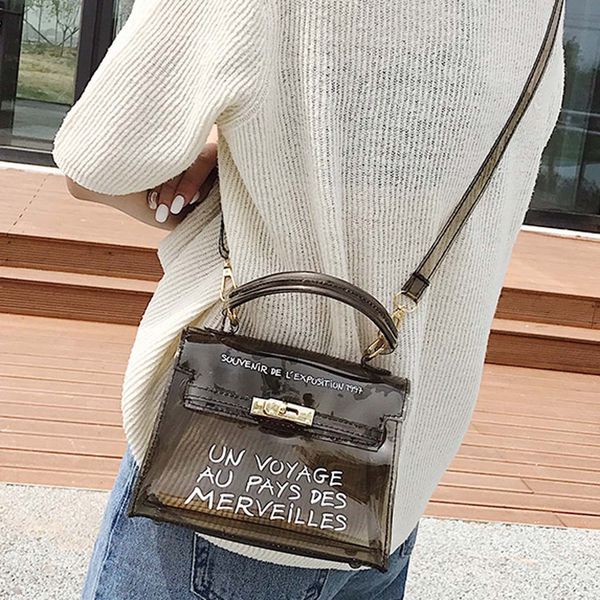 

2019 fashion women's shoulder bag letter print transparent jelly shoulder bag solid hasp women handbag messenger