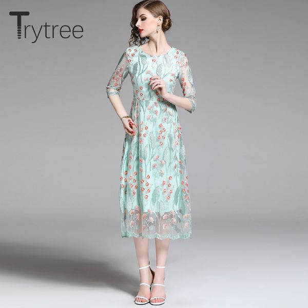 

trytree summer dress embroidery floral green casual o-neck polyester ruffled hem women dresses mid-calf a-line high street dress, Black;gray