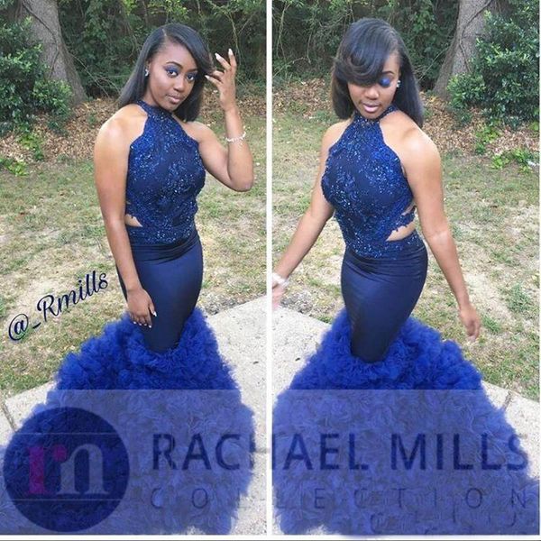 

2019 African Black Girl Royal Blue Prom Party Dresses 2K19 Mermaid High Neck Open Back Tiered Skirts Long Formal Celebrity Evening Gowns