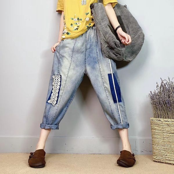 

violet female embroidery painting elastic waist high waist jeans bk4768, Blue