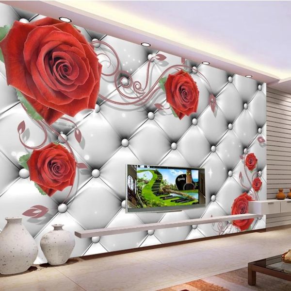

modern living room wallpapers soft bag red rose stereo 3d background wall painting