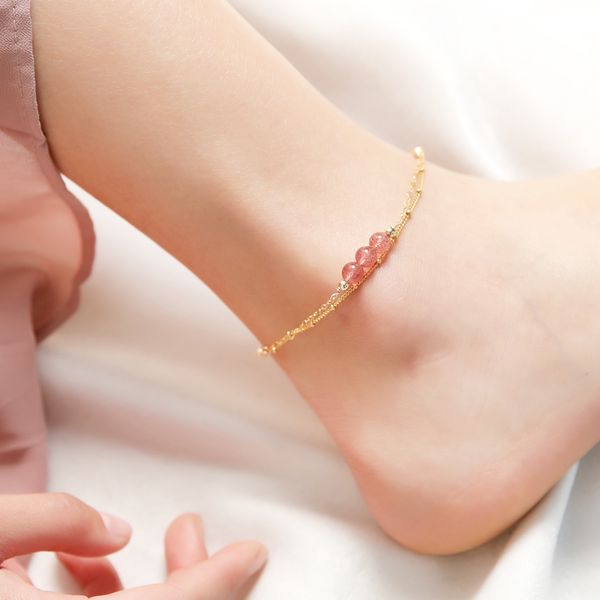 

moonstone amethyst transport obsidian strawberry crystal red rope anklet womens k gold double-layer 925 silver-simple, Red;blue