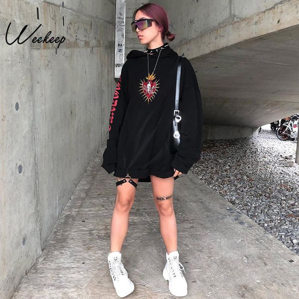

weekeep женщины печатные длинные толстовки черный с капюшоном лоскутная streetwear толстовка 2019 мода сыпучие пуловер hoodie, Black