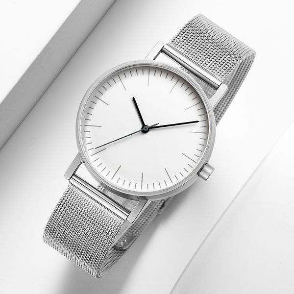 

fashion mens womens classic silver quartz stainless steel wrist watch digital dial watch minimalist couple zegarki, Slivery;brown