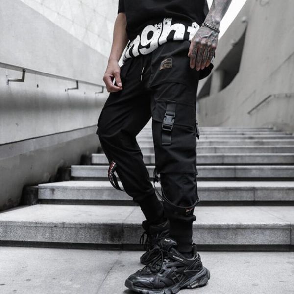 

весна лето мужские мульти карманы ленты лоскутное брюки-карго человек винтаж хип-хоп бегуны повседневная уличная одежда, Black