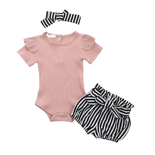 

summer baby girl clothes set 2020 solid toddler 3pc baby bodysuit headband stipe shorts for girls outfit costume rampes suit, White