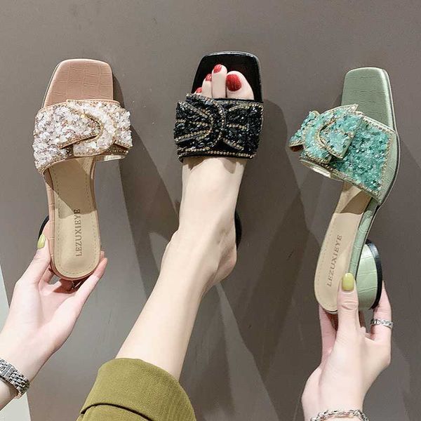 

female shoes summer woman slippers casual butterfly-knot square heel slides jelly flip flops med 2020 beach block, Black