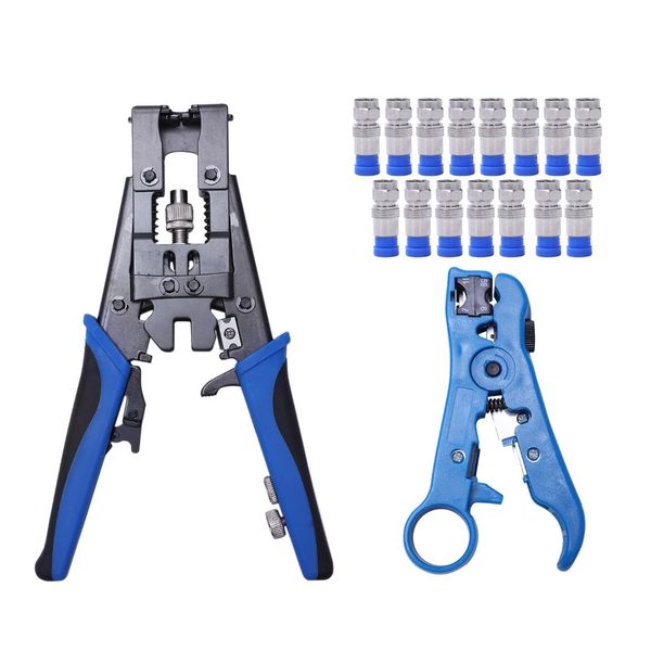 

crimping tool set wire terminal crimper with wire stripper cutter+15 f-type connector adjustable connector f/ bnc/ rca ca