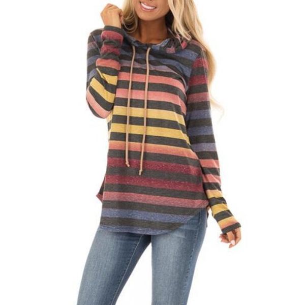 

women autumn hoodies striped mixed color pullover slim fit sweatshirt@88, Black