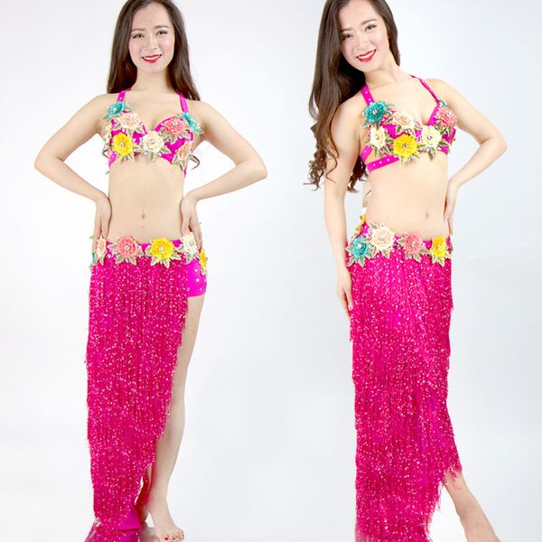 

women bohemia belly dance costume tassels flower modern dancer stage performance clothes bra and skirt set, Black;red